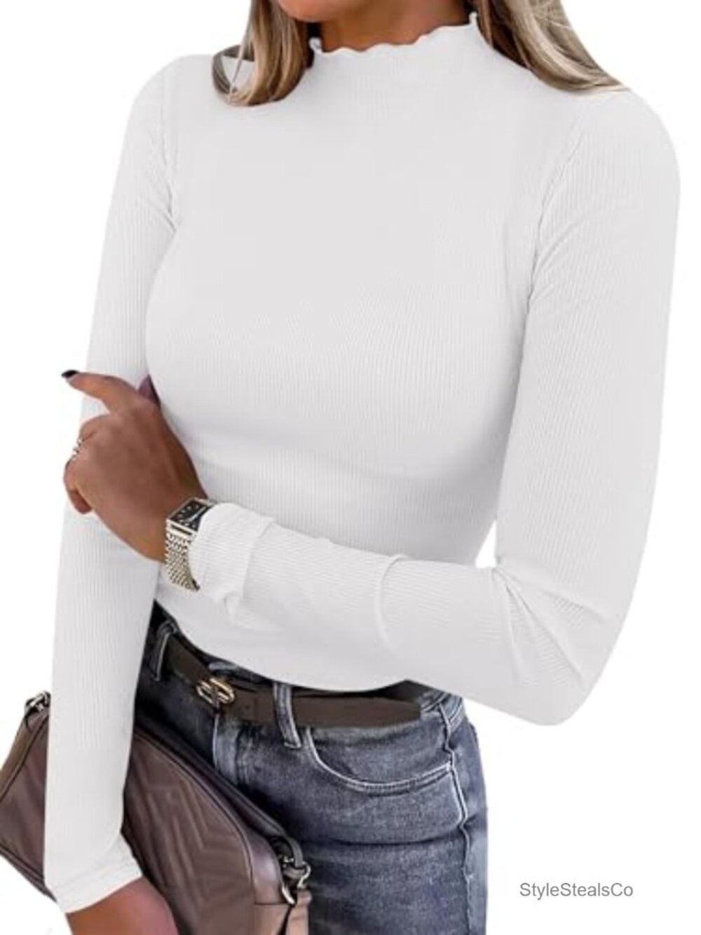 Women's Mock Neck Long Sleeve Ribbed Knit Slim Fit Top Casual Work